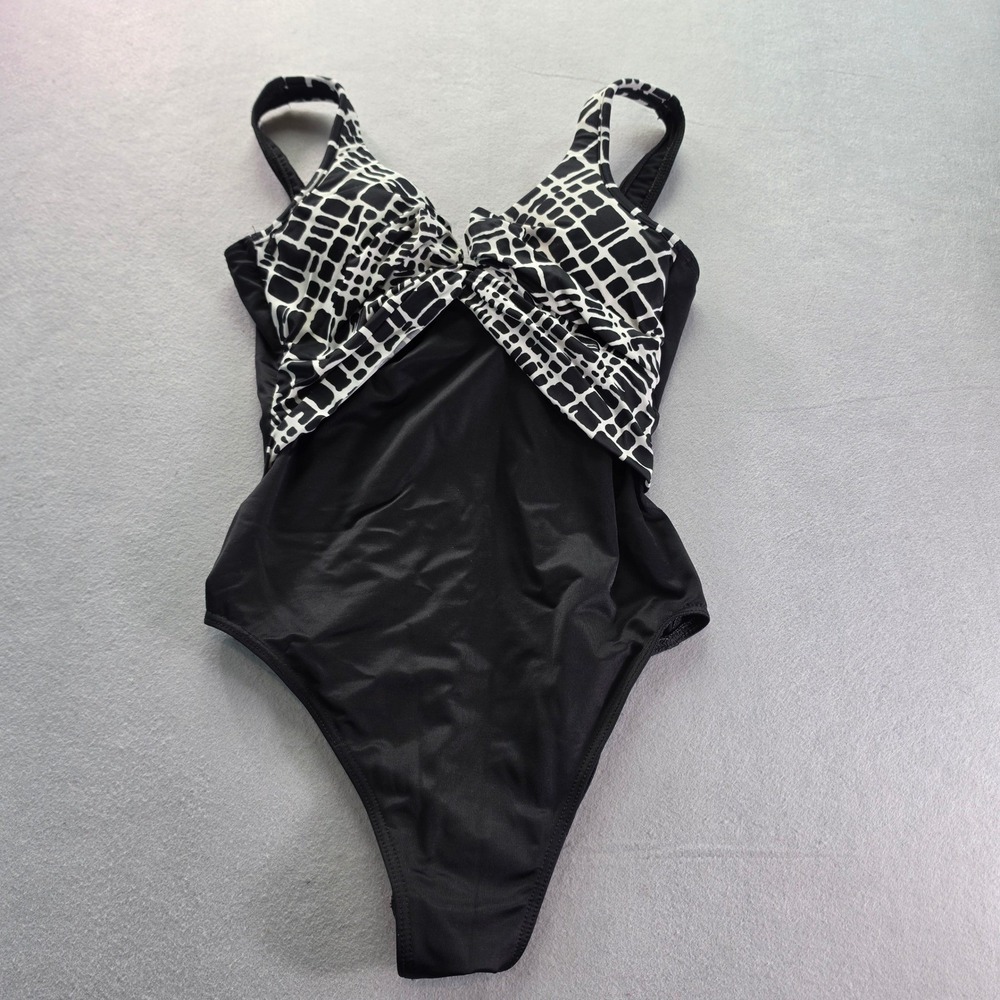 Miraclesuit Black White Geometric Grid Wrap One Piece Swimsuit Size 12